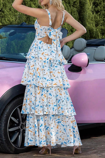 Robe de soirée à plusieurs niveaux à fleurs bleues